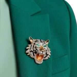 Bold Tiger Head Rhinestone Brooch Pin Crystal Enamel Gold Tone Statement Jewelry
